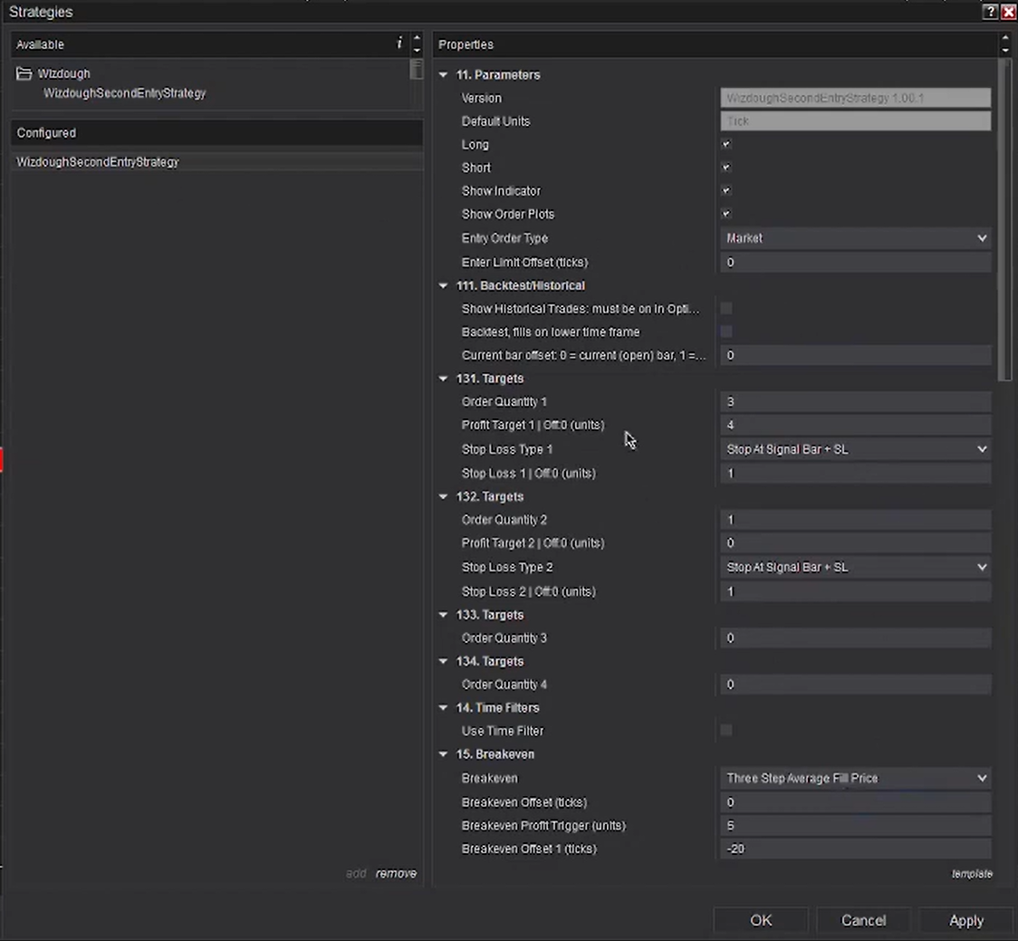 Strategy configuration settings