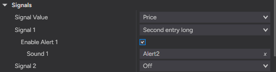 The Signals group with Signal 1 set to Second entry long, Enable Alert 1 checked, Sound 1 set to Alert2, and Signal 2 set to Off