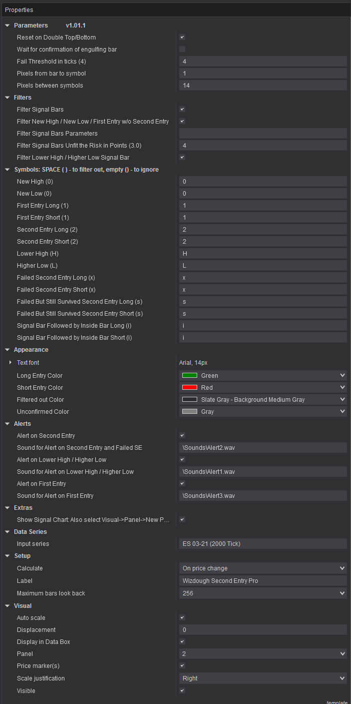 WiSE indicator properties panel with parameters, filters, symbols and alerts